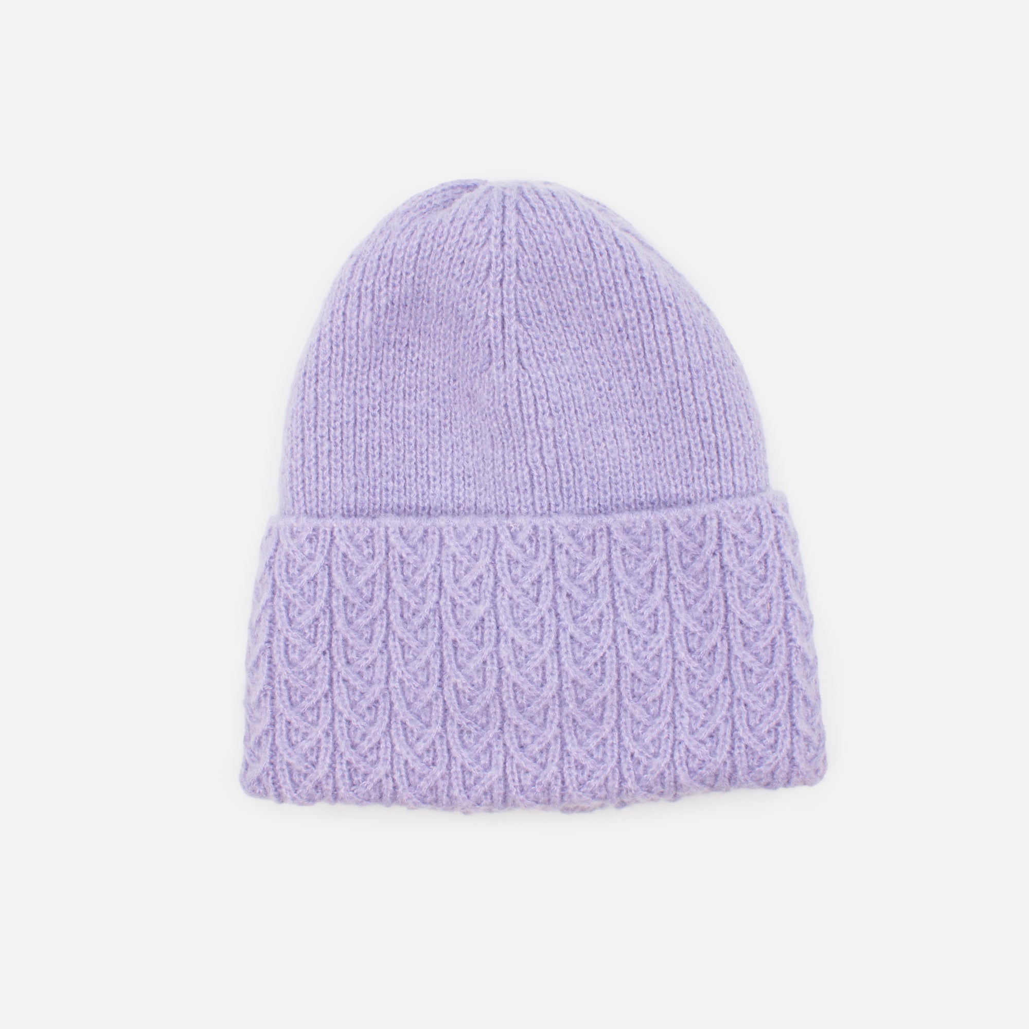 Pale purple knit beanie with braided flap