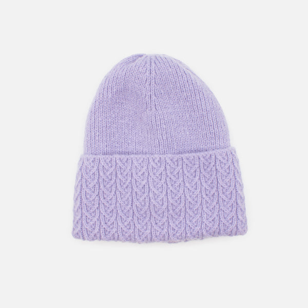 Load image into Gallery viewer, Pale purple knit beanie with braided flap
