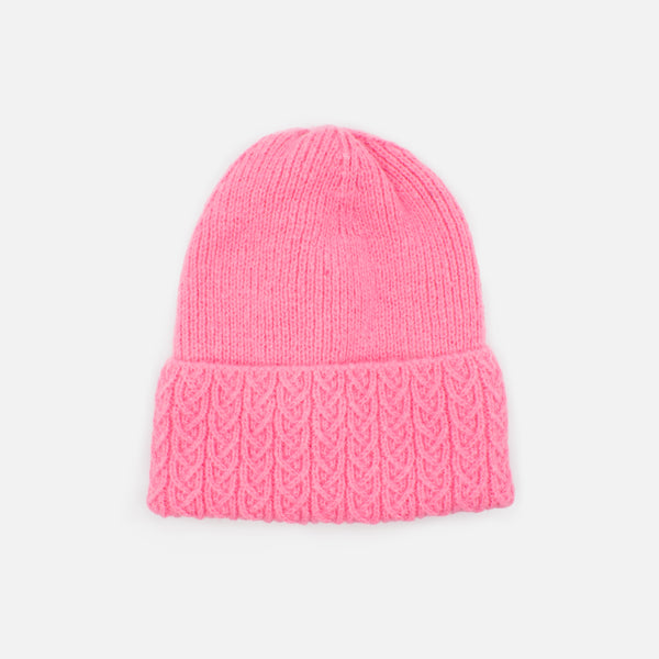 Load image into Gallery viewer, Pink knit beanie with braided flap
