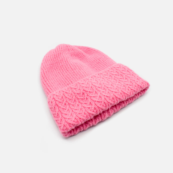 Load image into Gallery viewer, Pink knit beanie with braided flap

