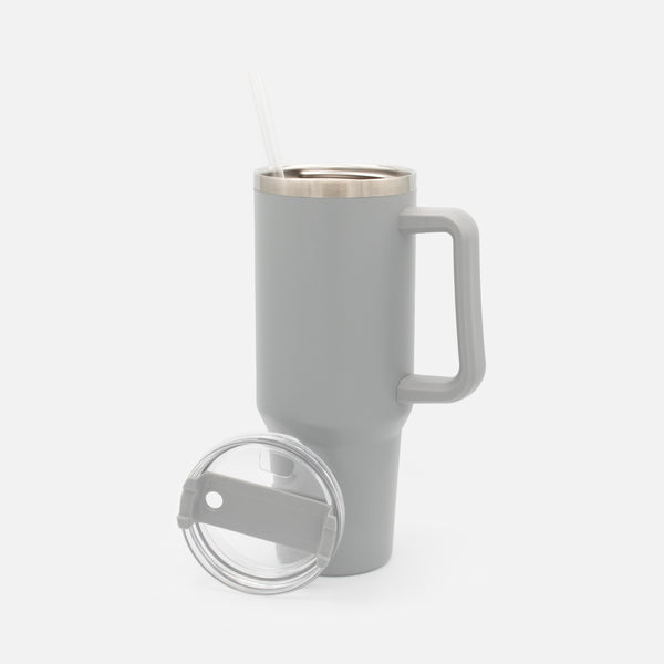 Load image into Gallery viewer, Large Pale Gray Stainless Steel Travel Mug with Straw
