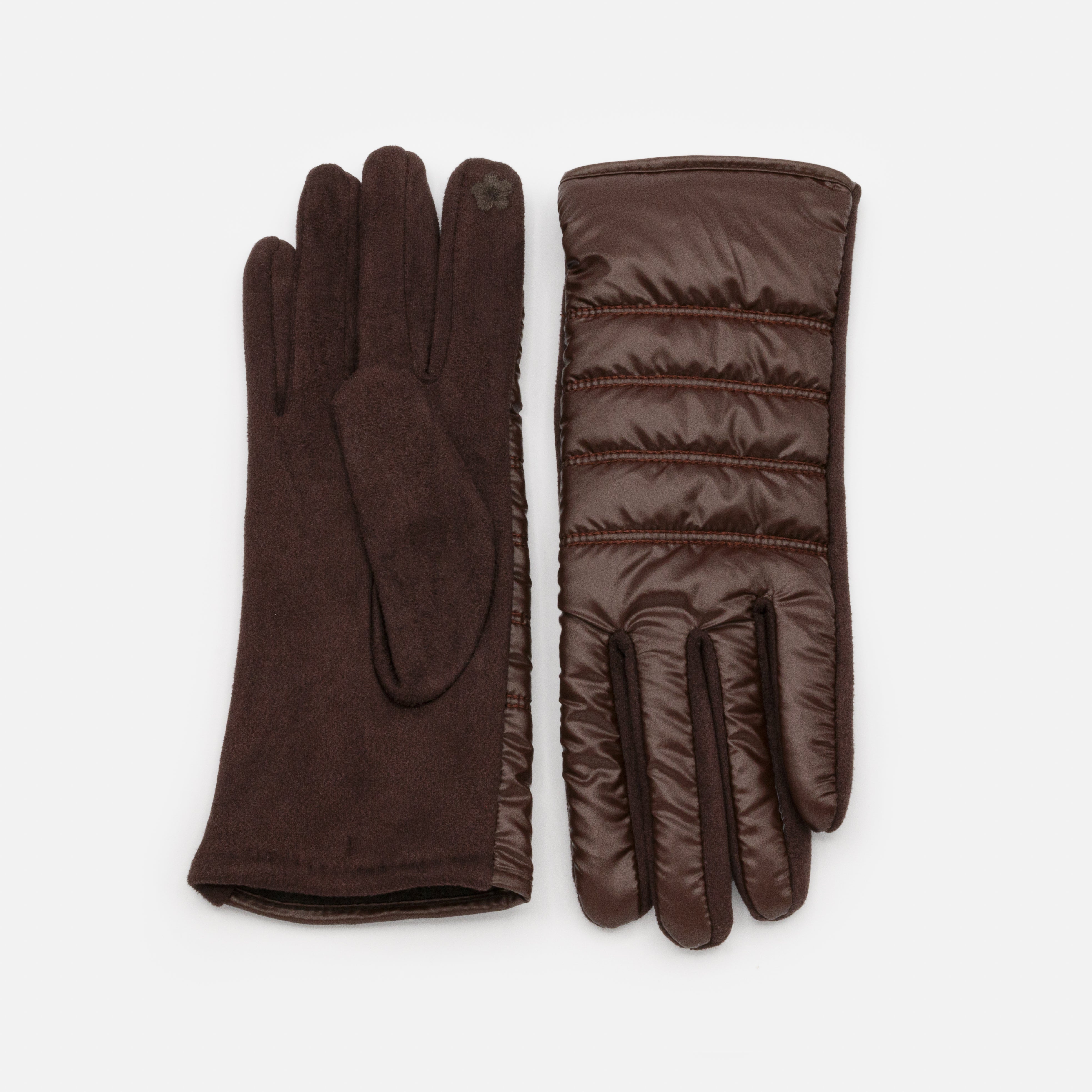 Brown touchscreen gloves in quilted effect fabric