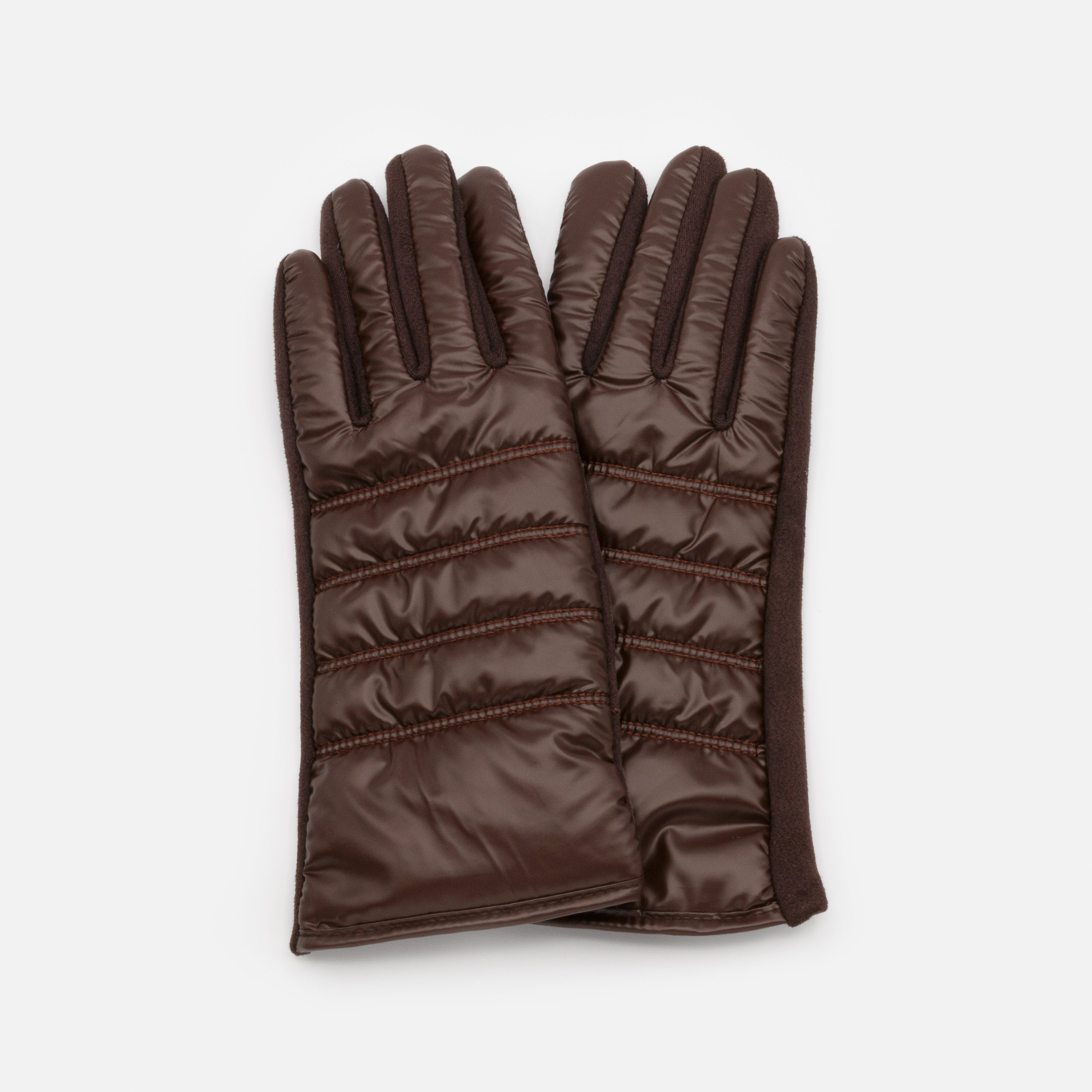 Brown touchscreen gloves in quilted effect fabric