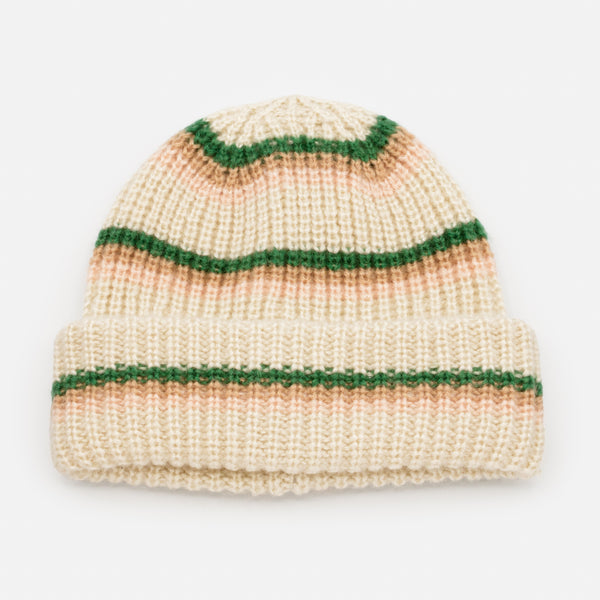 Charger l&#39;image dans la galerie, Tuque ivoire à rayures colorées en tricot à petites mailles
