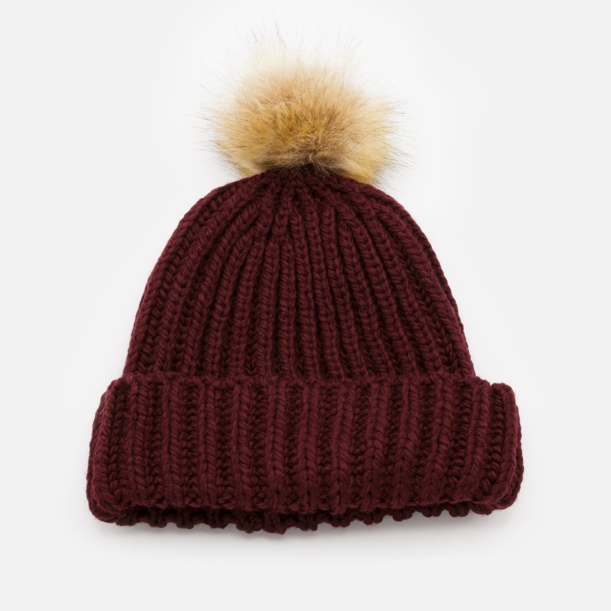 Purple wide knit beanie with removable pompom