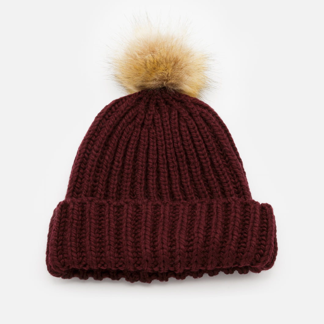 Purple wide knit beanie with removable pompom