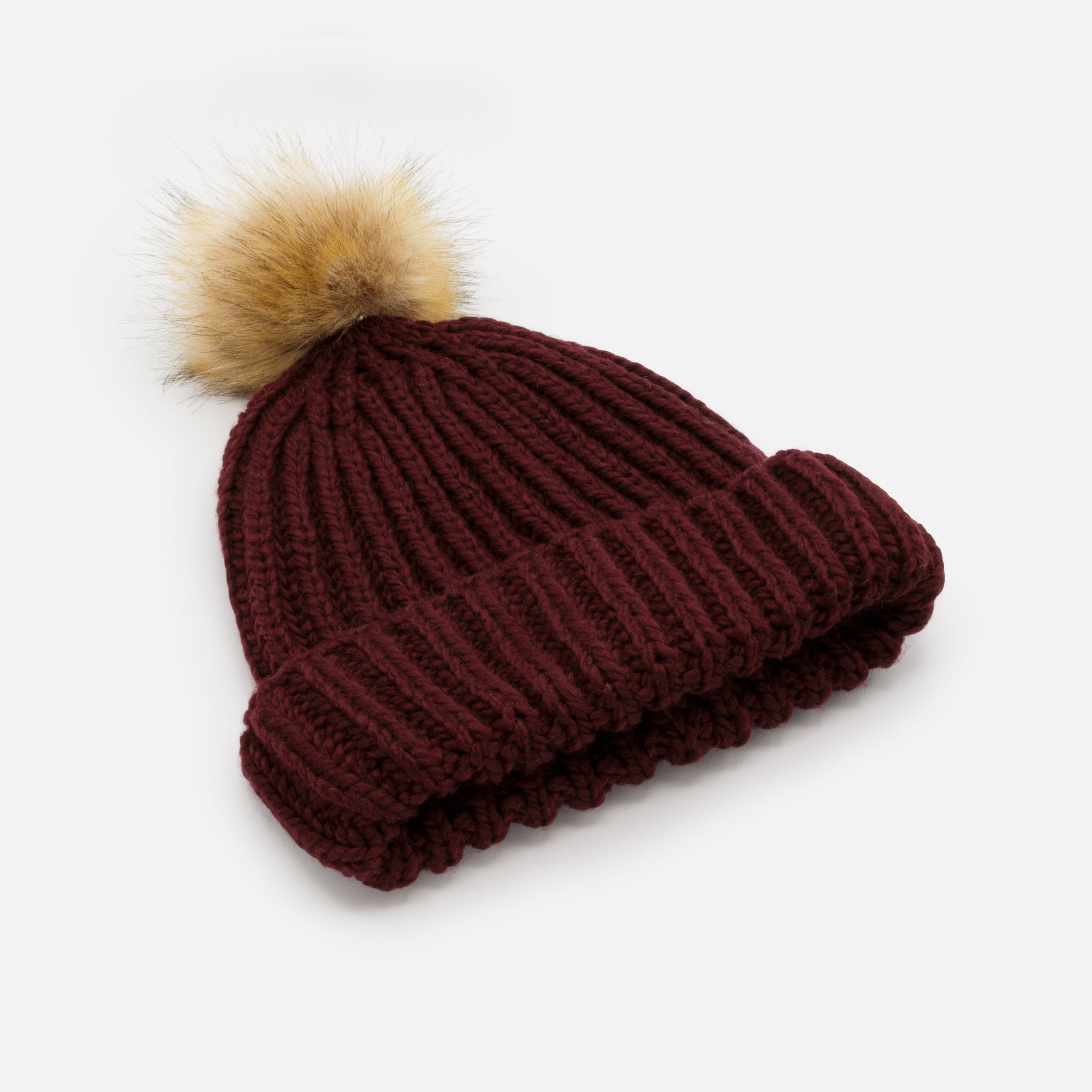 Purple wide knit beanie with removable pompom