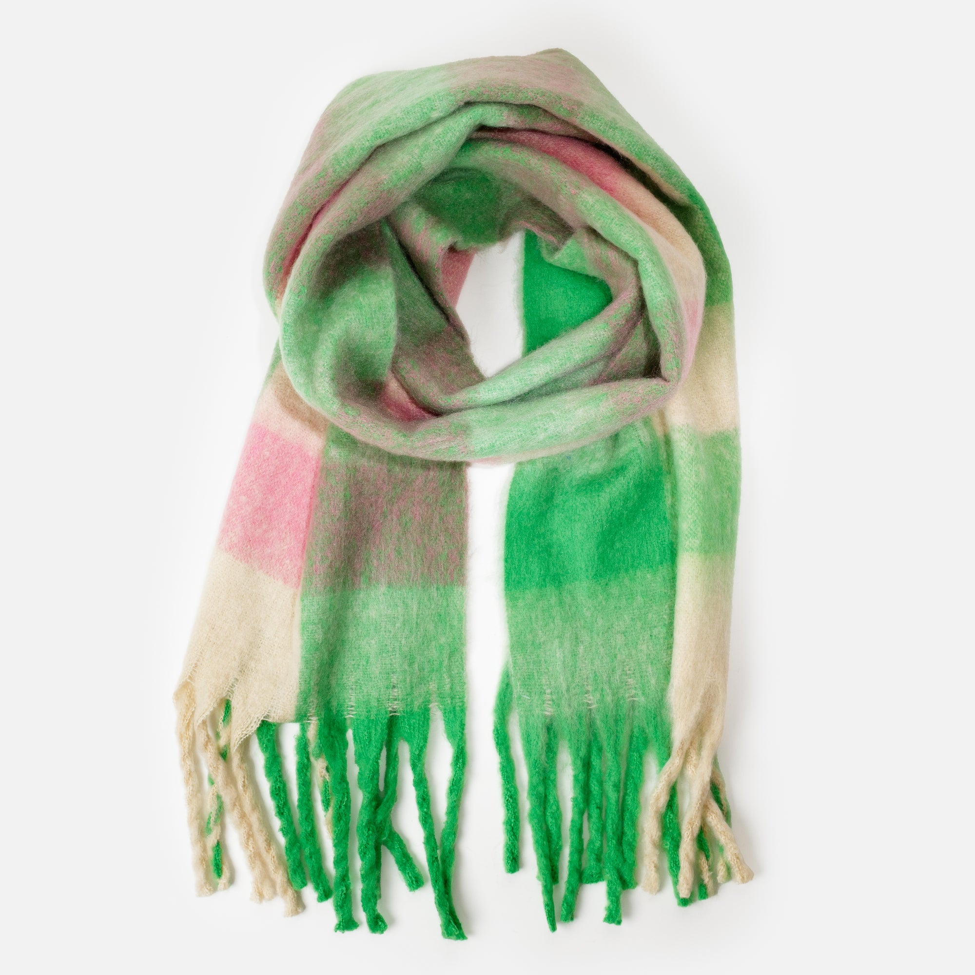 Cozy green scarf with pink and beige checks
