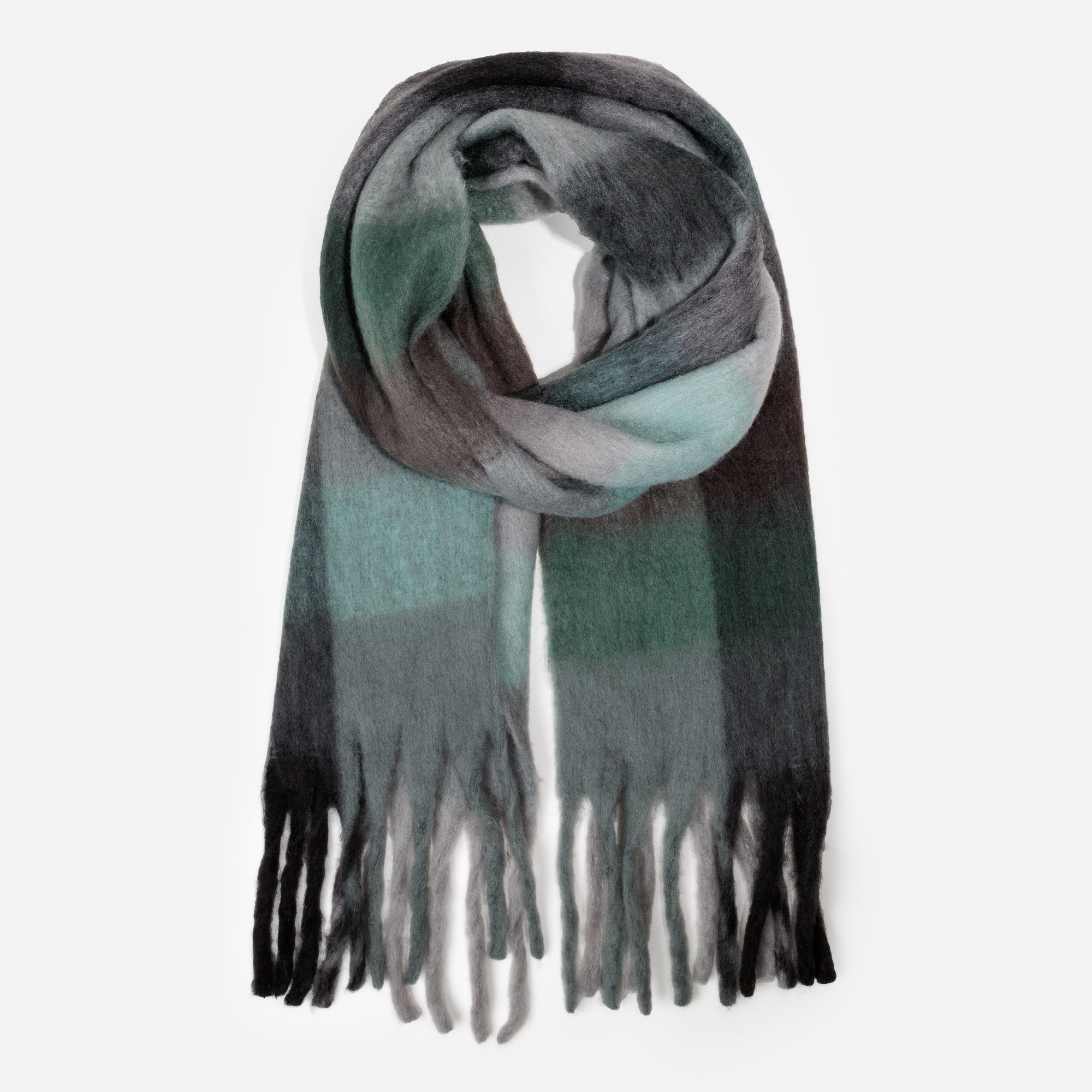 Foulard douillet vert à carreaux noirs et gris
