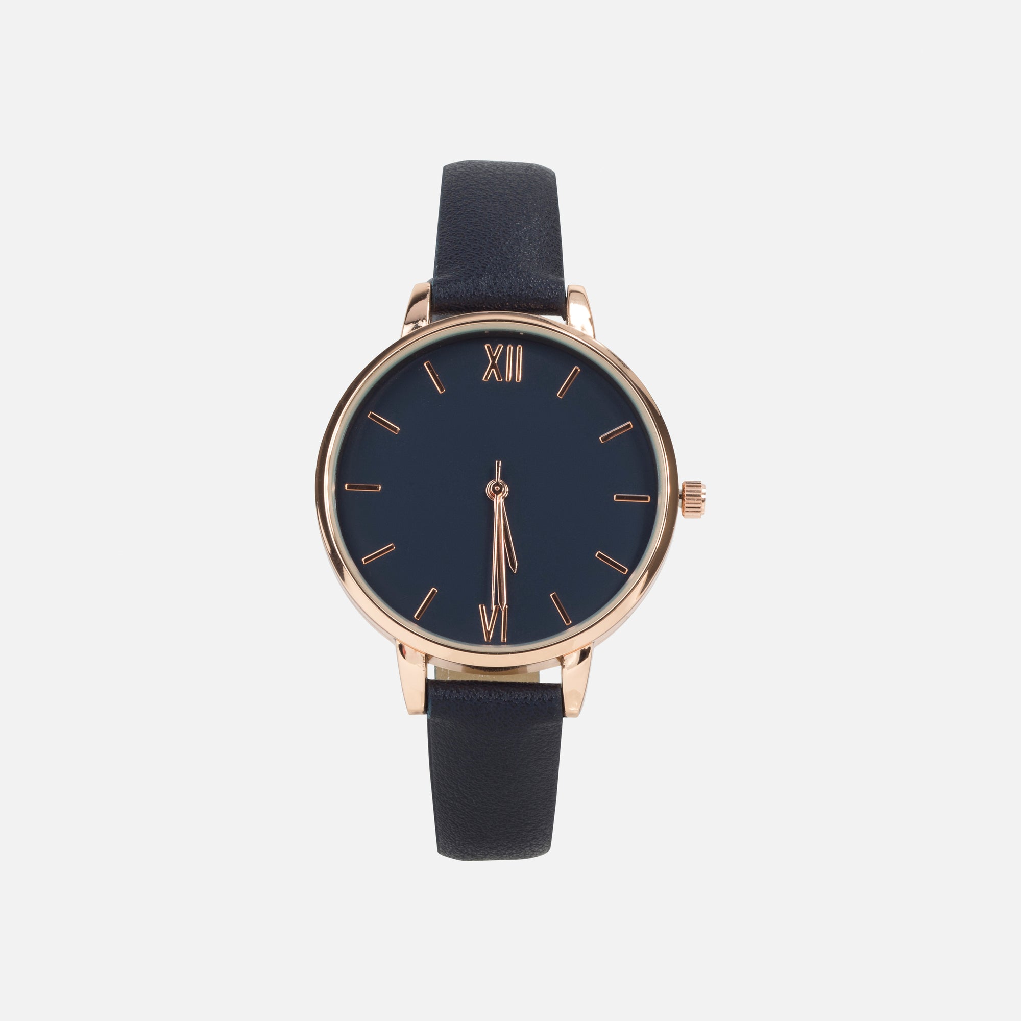 Navy blue watch with round dial