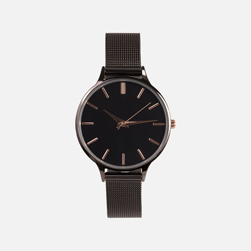 Black watch with mesh bracelet and round dial