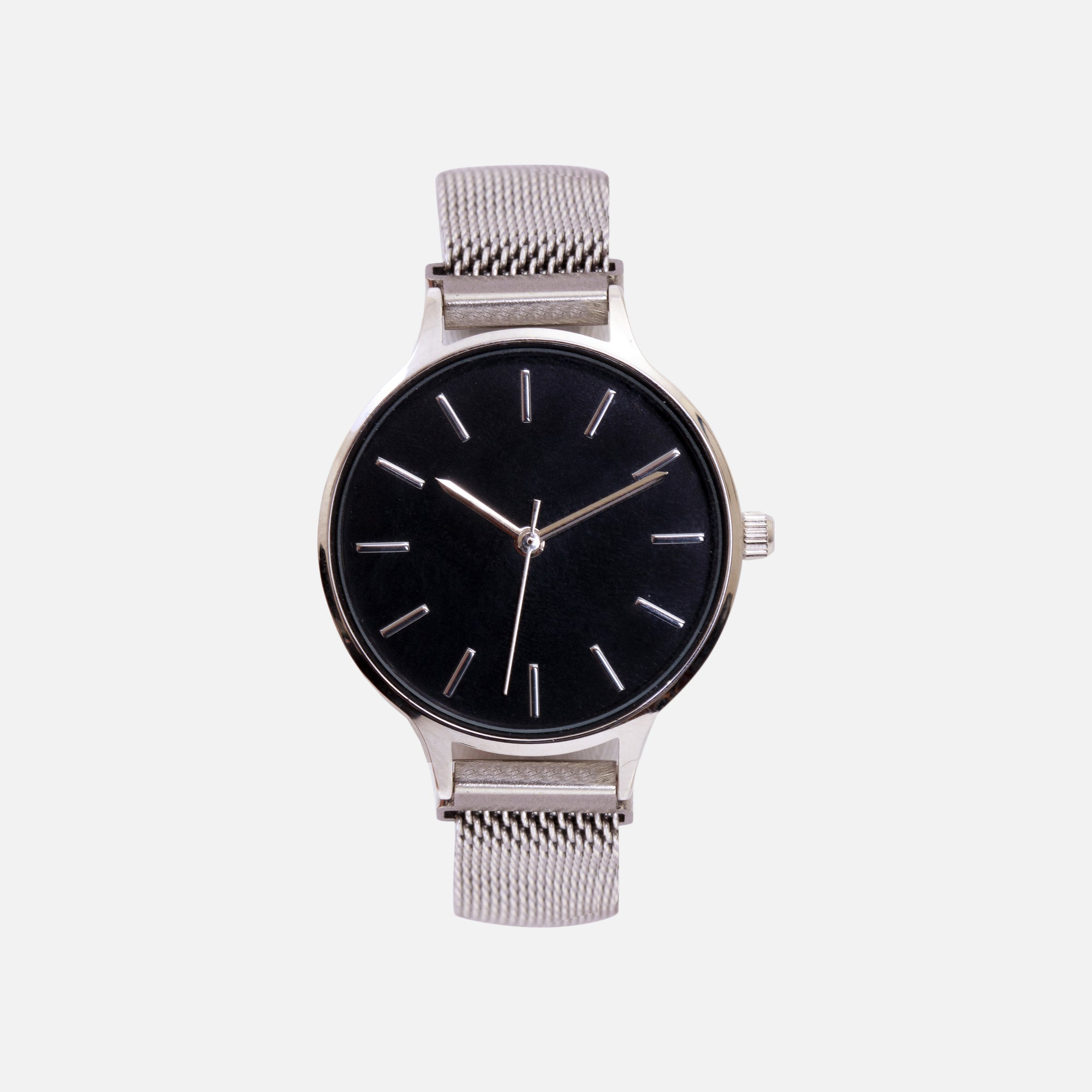 Silvered watch with round dial and black background