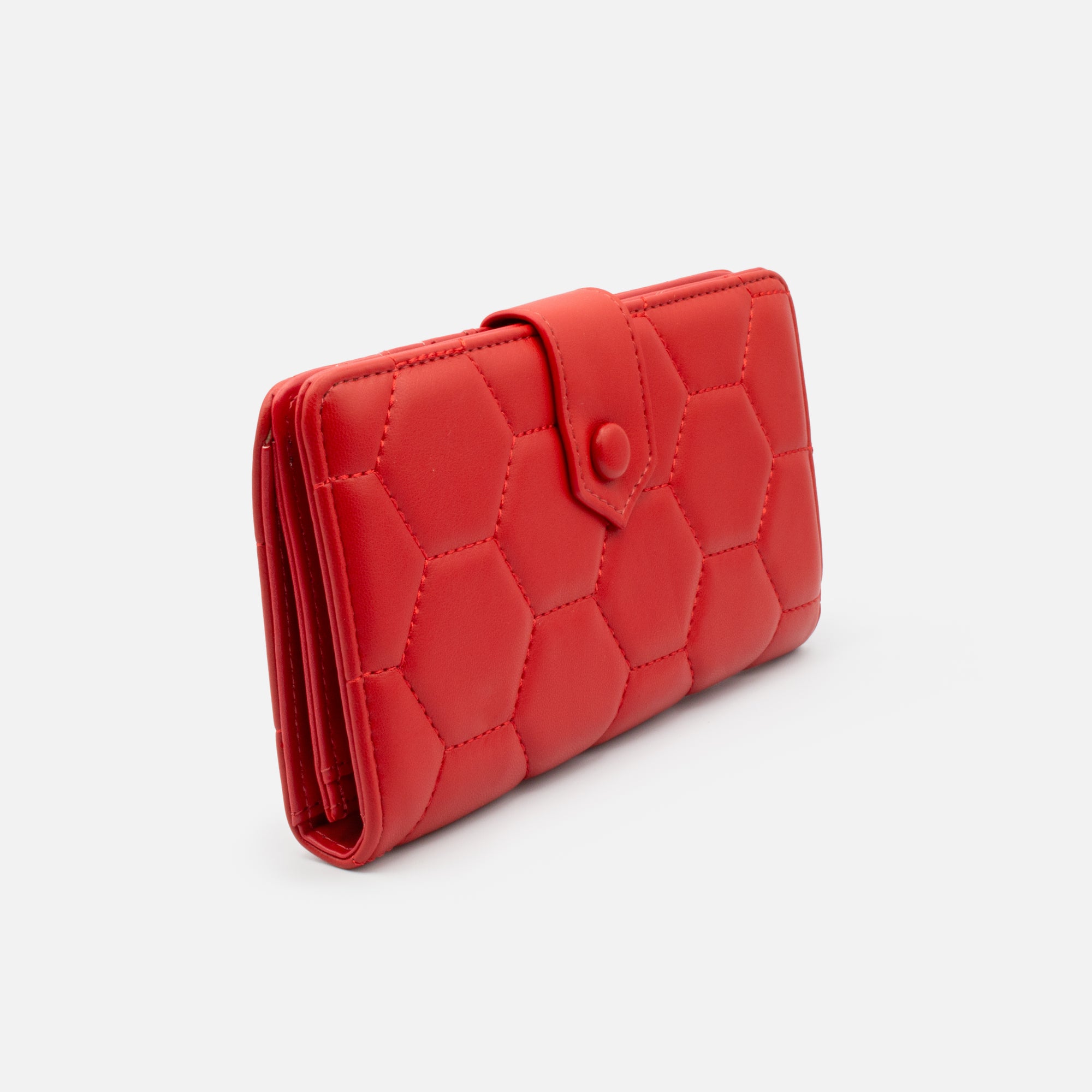 Red wallet quilted with hexagonal patterns