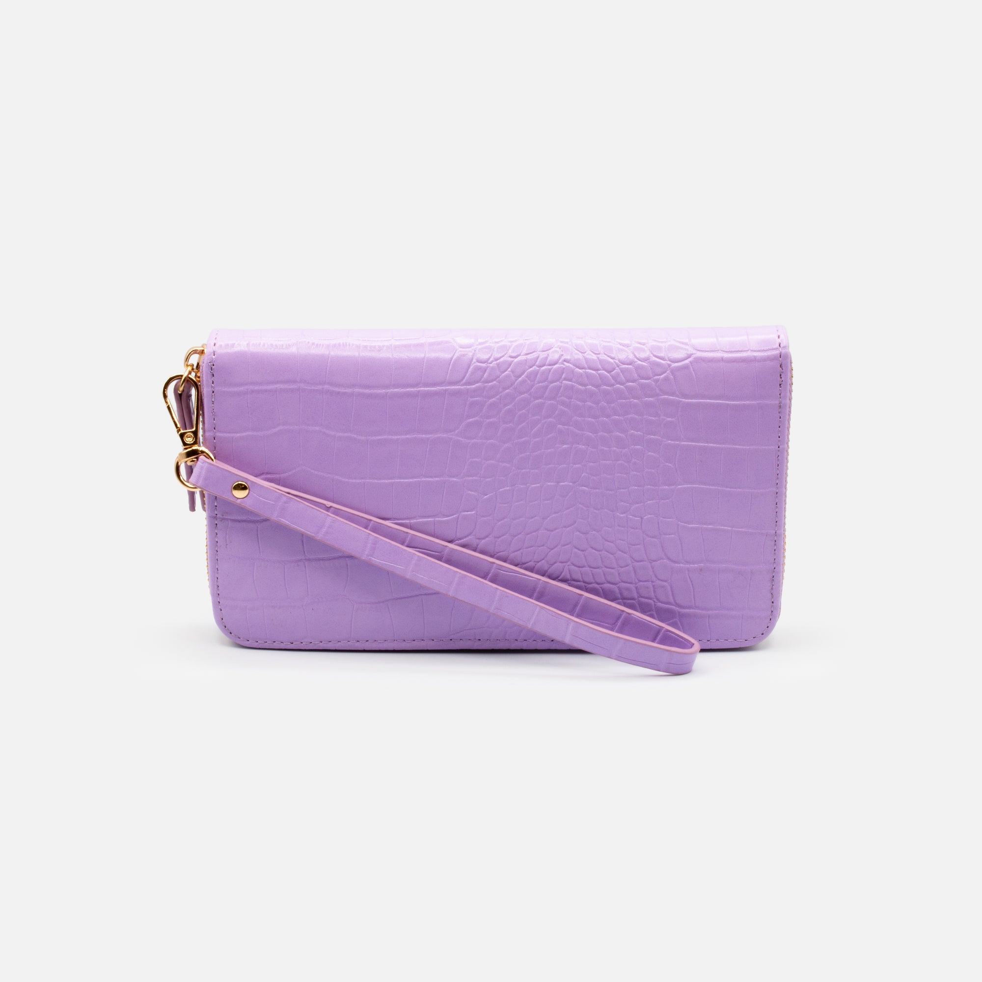 Lilac crocodile skin wallet with strap