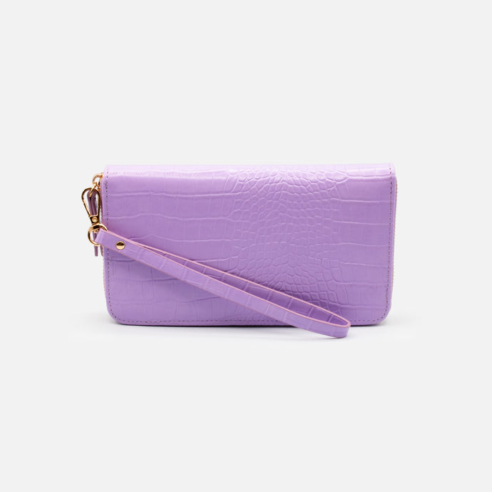 Lilac crocodile skin wallet with strap