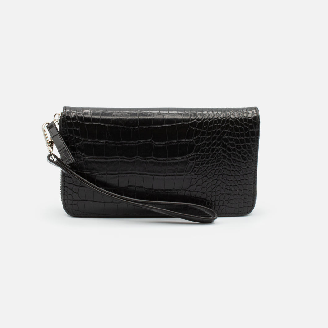 Black crocodile skin pattern wallet with strap