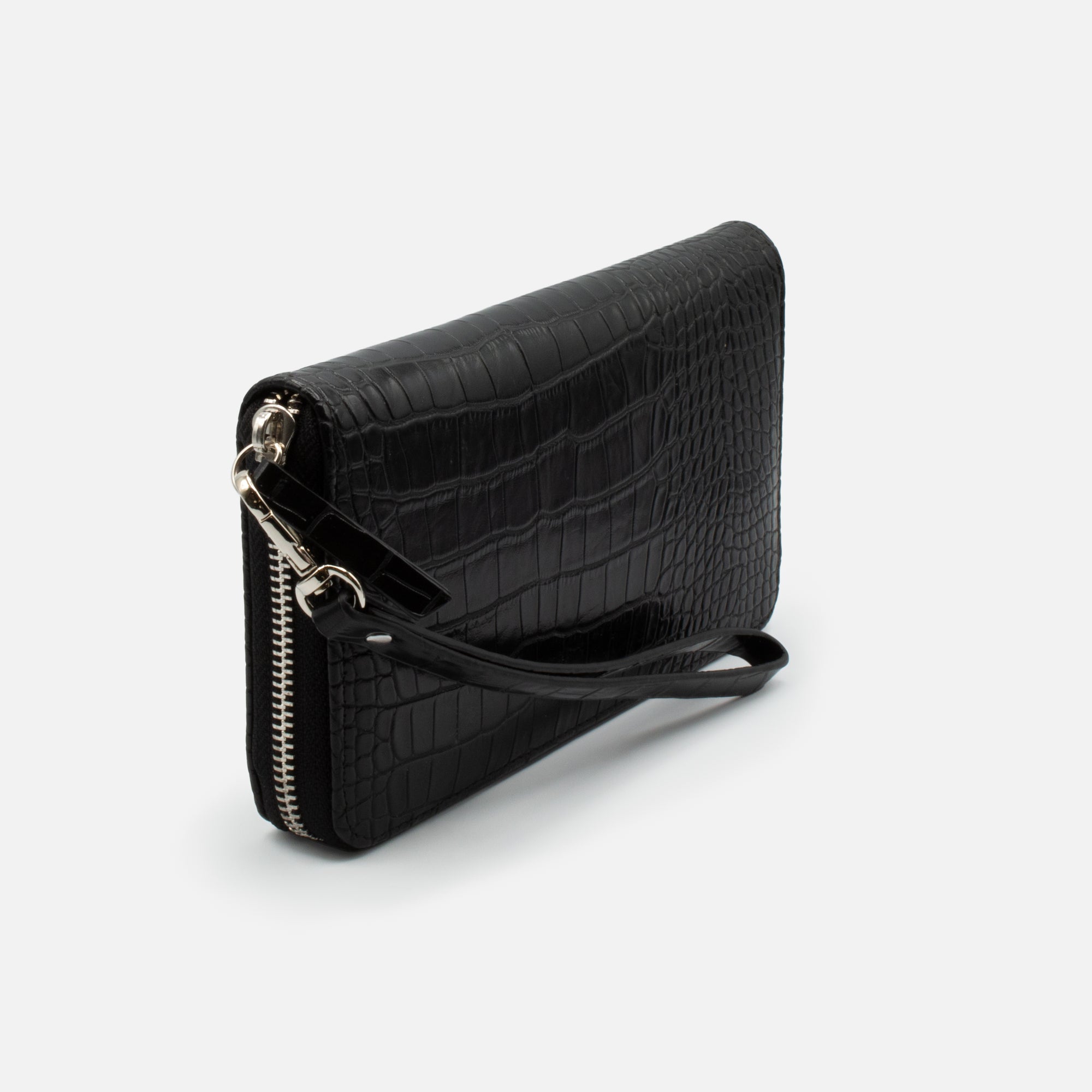 Black crocodile skin pattern wallet with strap
