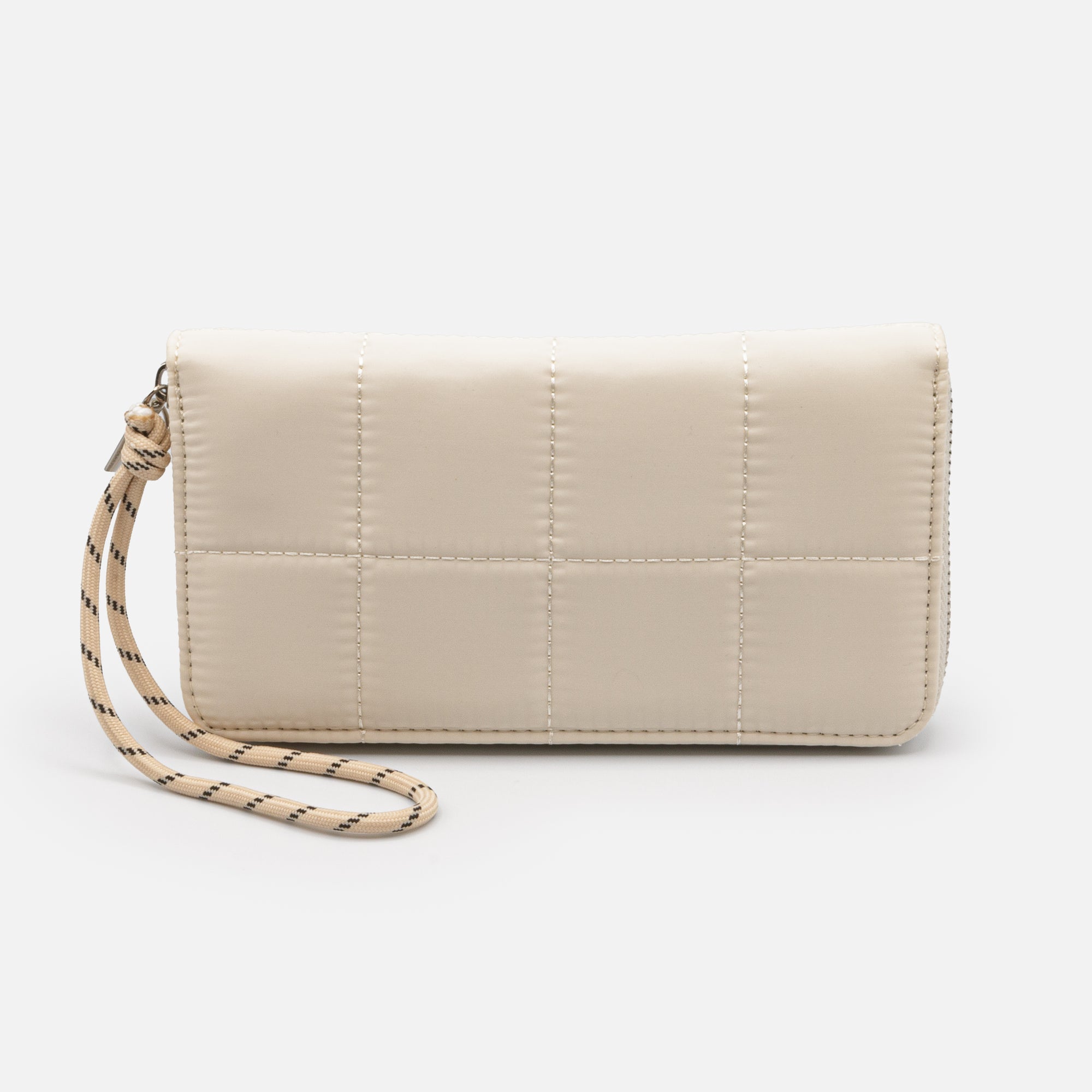 Ivory quilted wallet with square patterns and lace braid