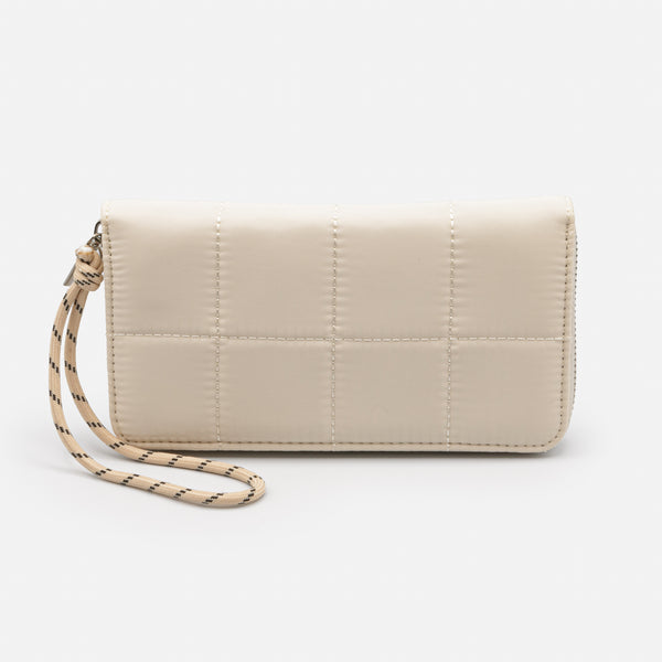 Load image into Gallery viewer, Ivory quilted wallet with square patterns and lace braid
