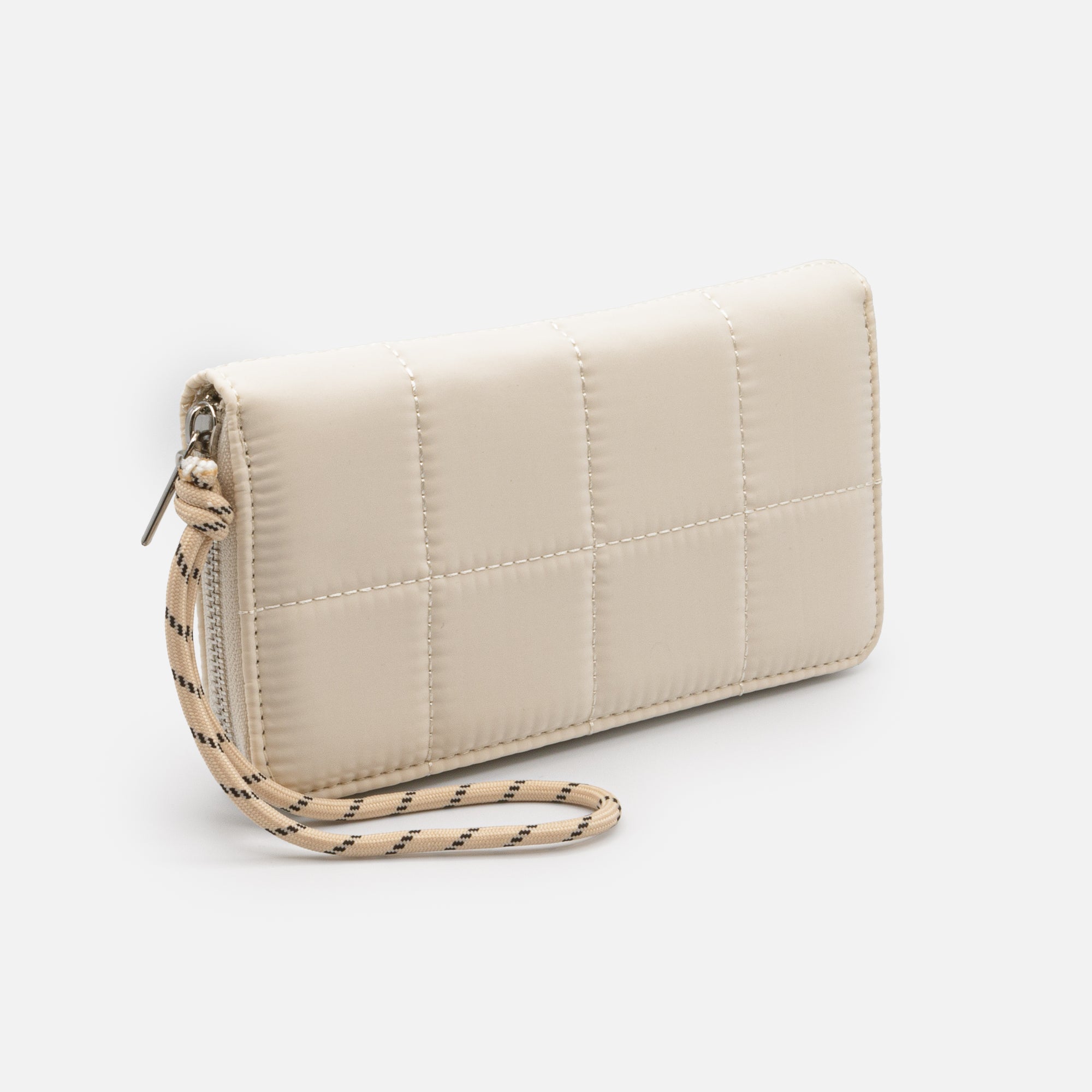 Ivory quilted wallet with square patterns and lace braid