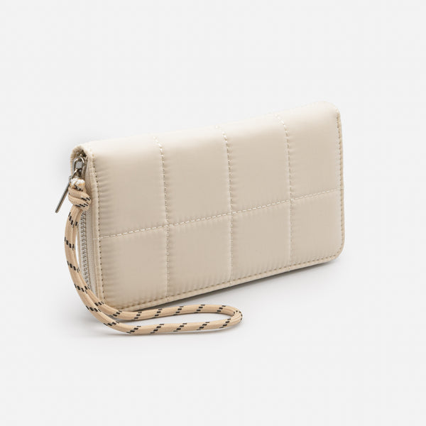 Load image into Gallery viewer, Ivory quilted wallet with square patterns and lace braid
