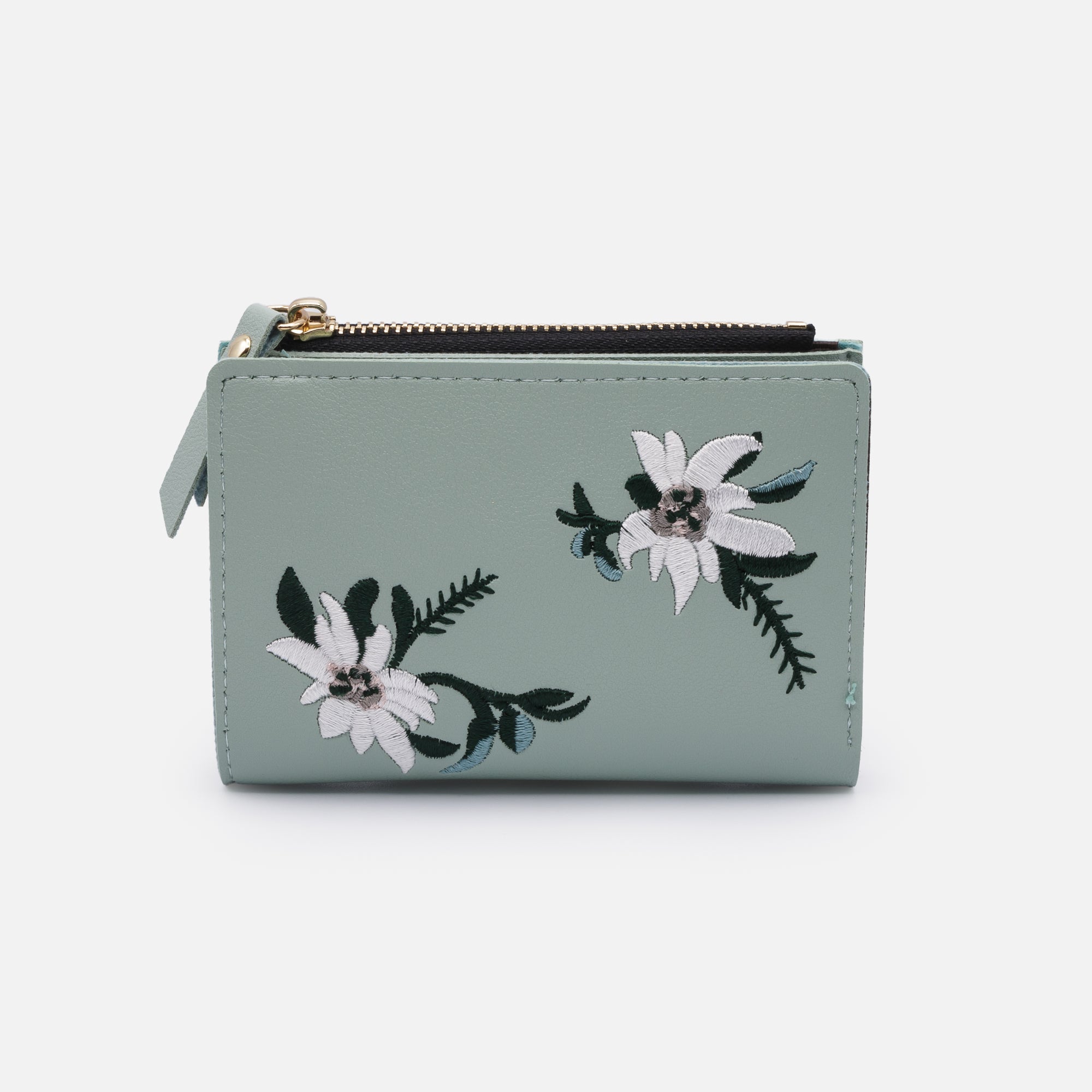 Sage green wallet with white flower embroidery