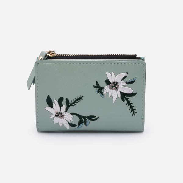 Load image into Gallery viewer, Sage green wallet with white flower embroidery

