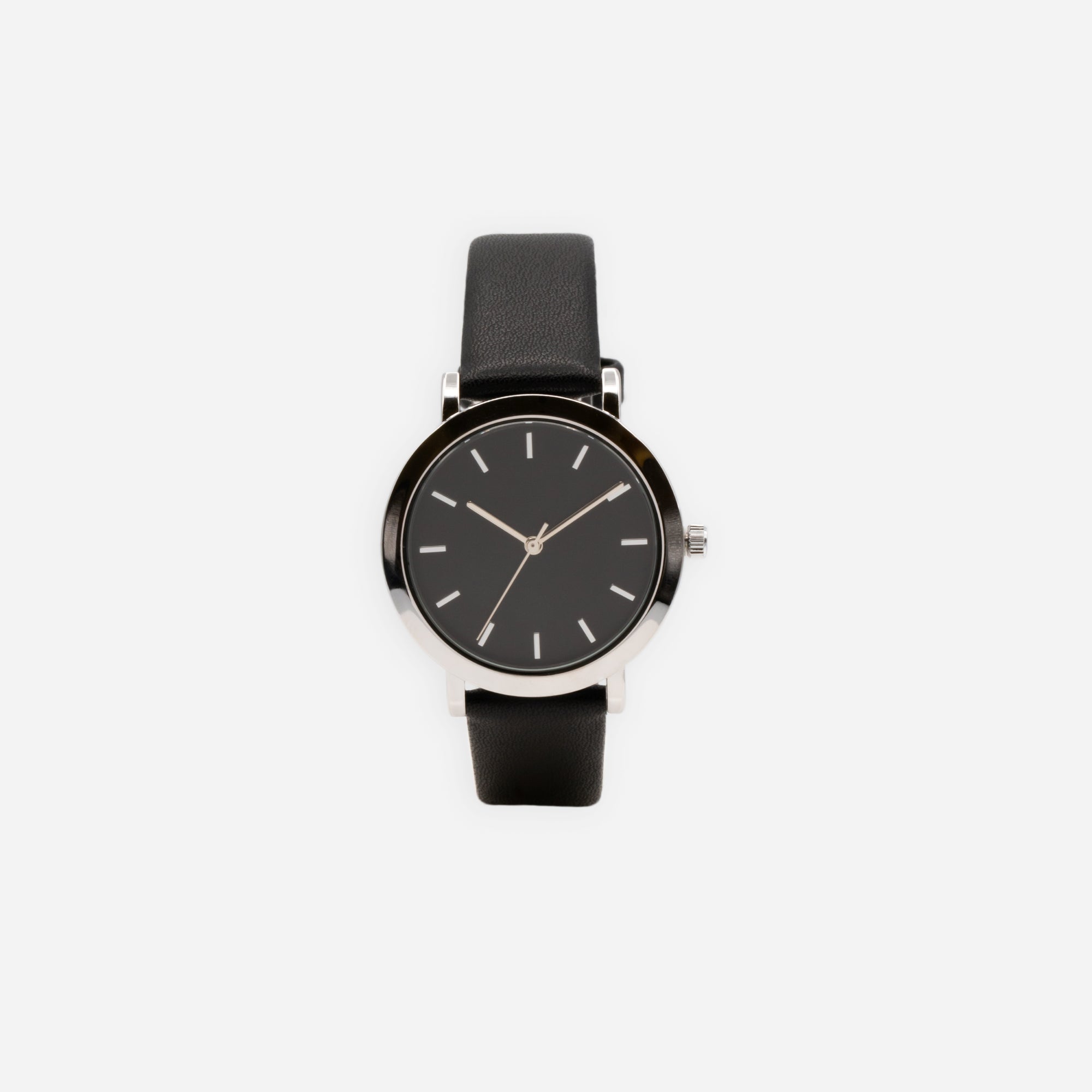 Round watch with black dial and bracelet