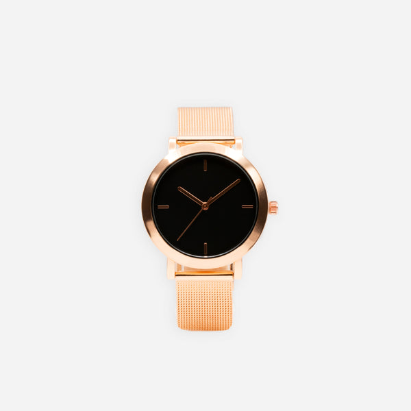 Load image into Gallery viewer, Rose gold watch with round black dial
