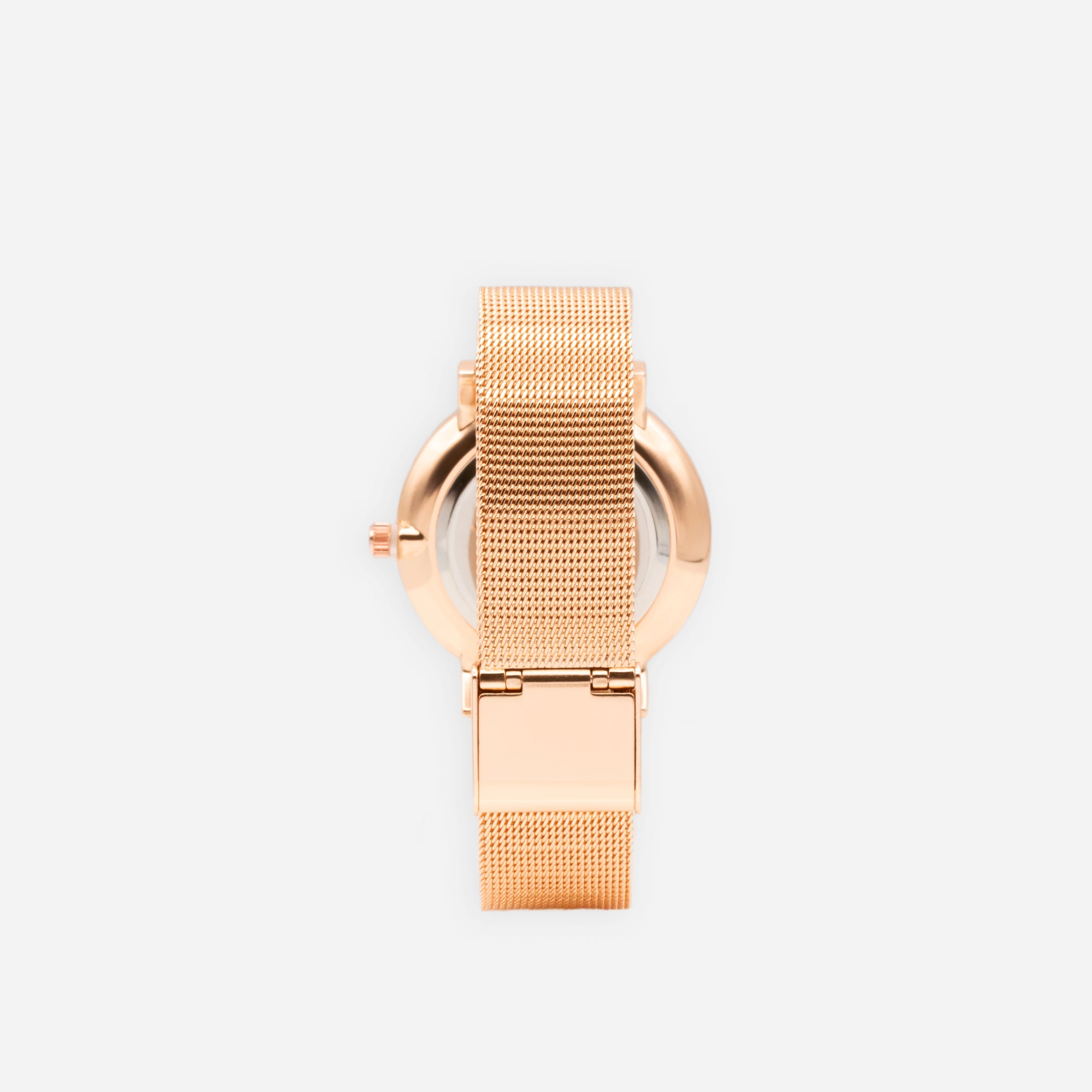 Rose gold watch with round black dial