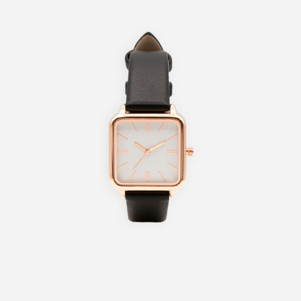 Load image into Gallery viewer, Black watch with square dial with gold rim
