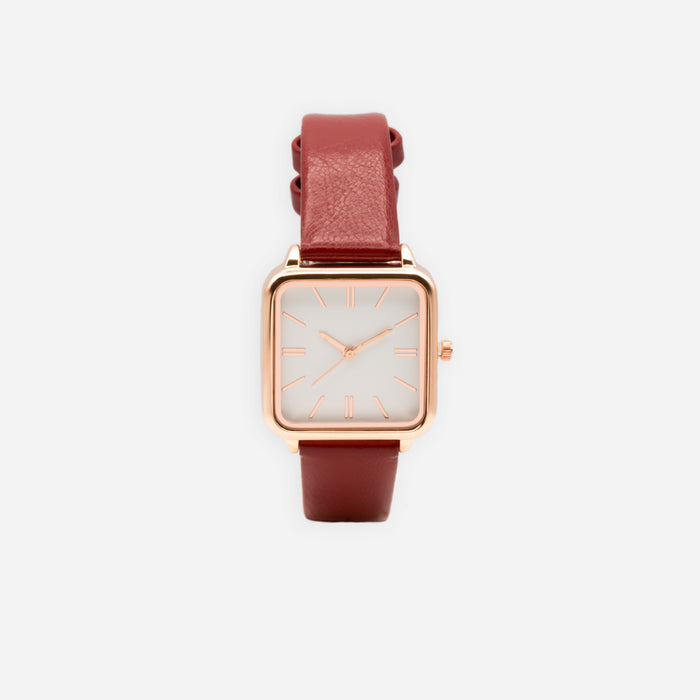 Montre bourgogne à boîtier carré rose doré et cadran blanc