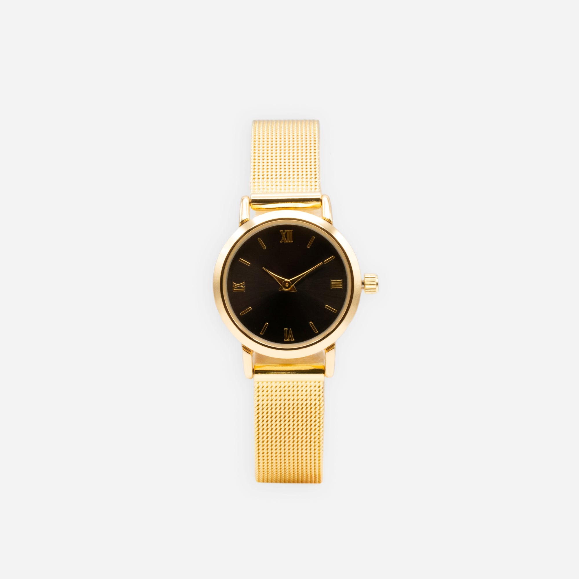 Gold watch with round black dial