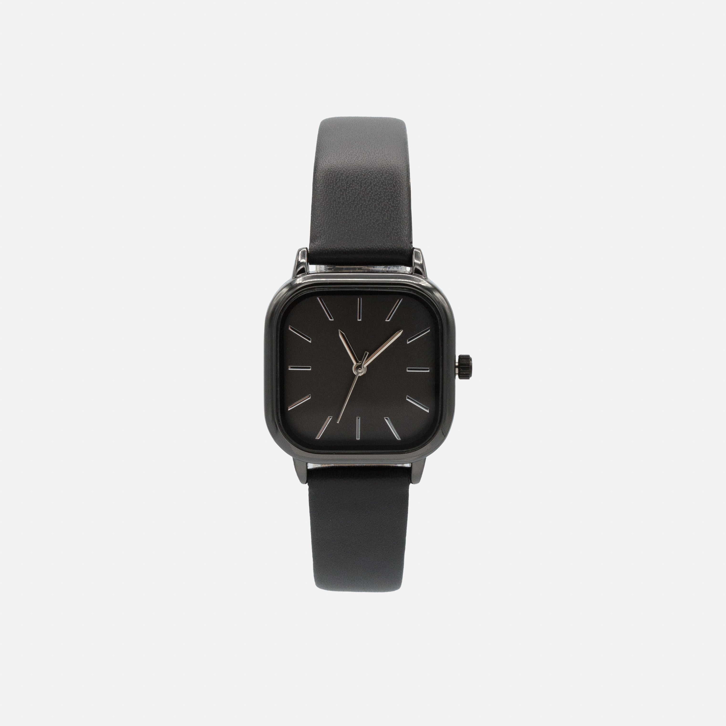 Black faux leather watch with square case