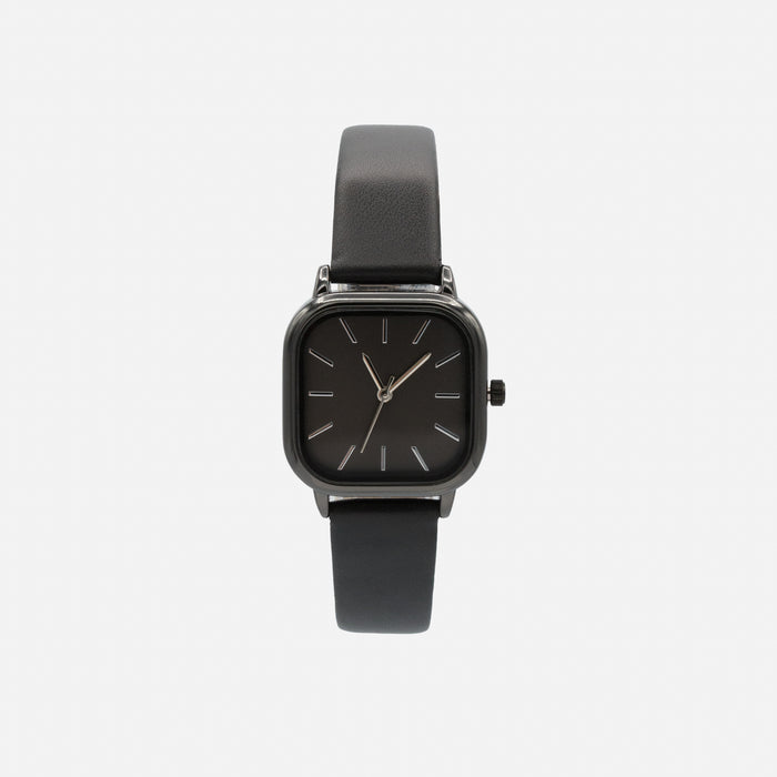 Black faux leather watch with square case