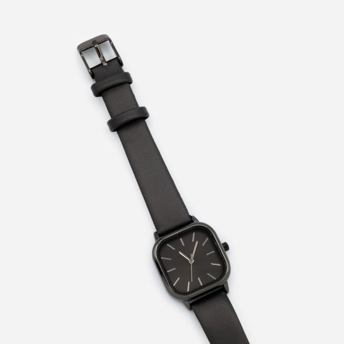 Black faux leather watch with square case