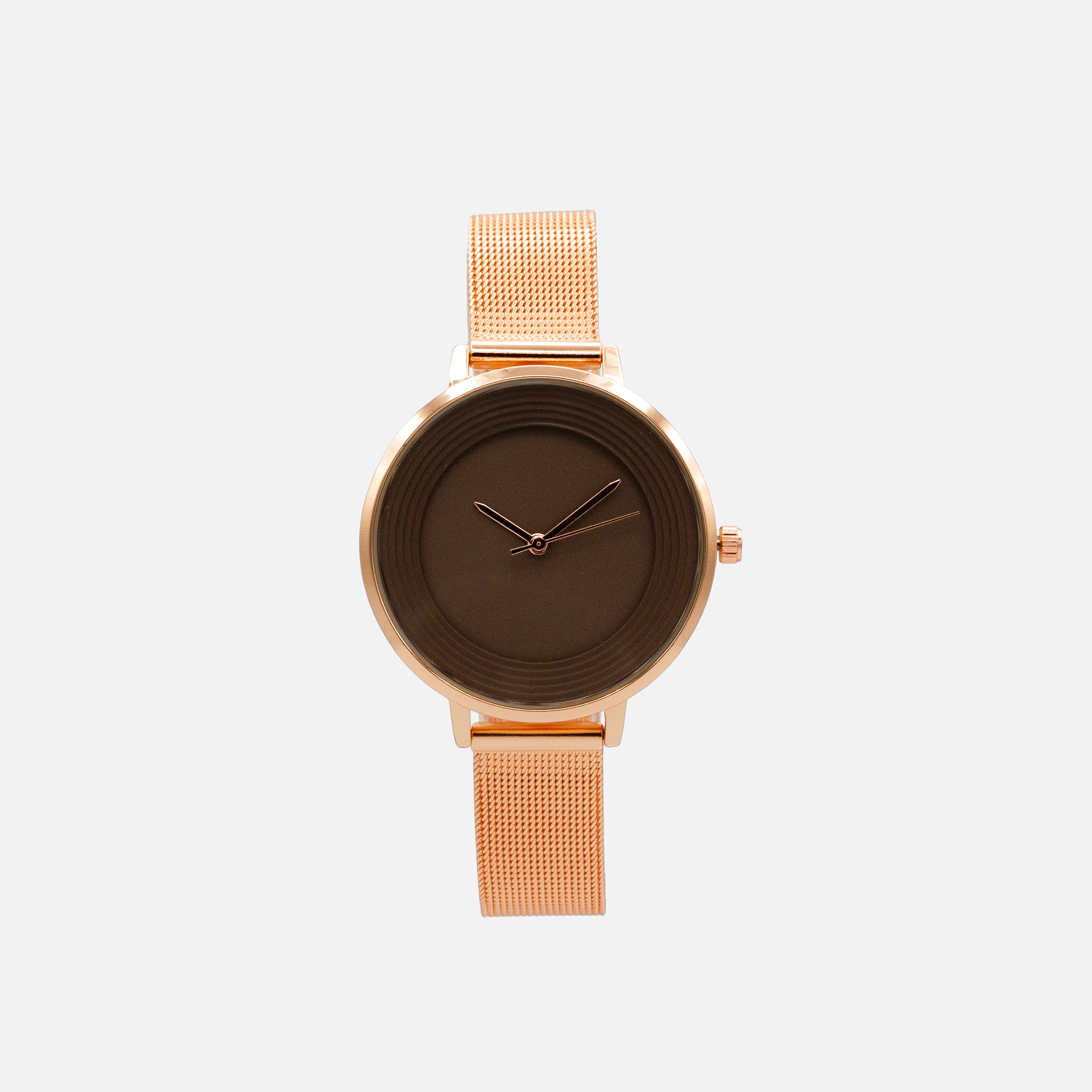 Rose gold-tone stainless steel round case brown dial watch