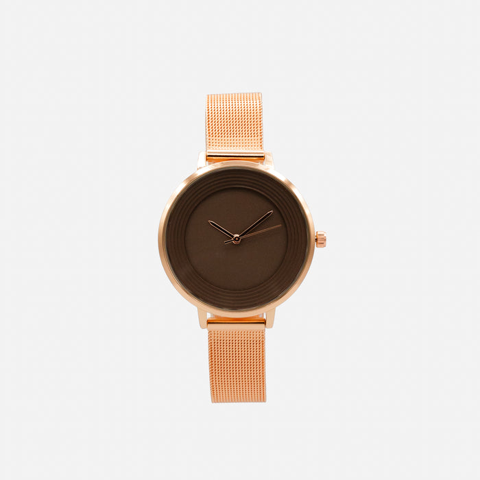 Rose gold-tone stainless steel round case brown dial watch