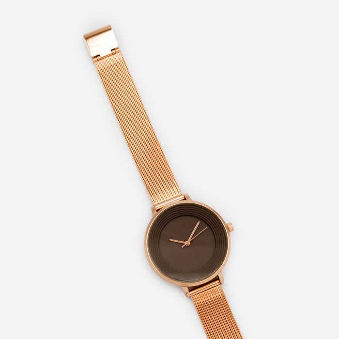Rose gold-tone stainless steel round case brown dial watch