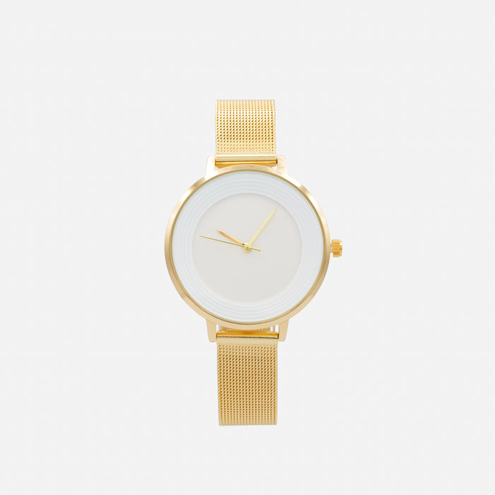 Gold-tone stainless steel watch with round case and white dial