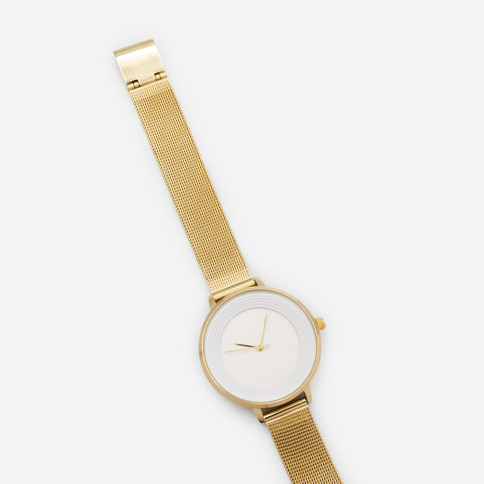 Gold-tone stainless steel watch with round case and white dial