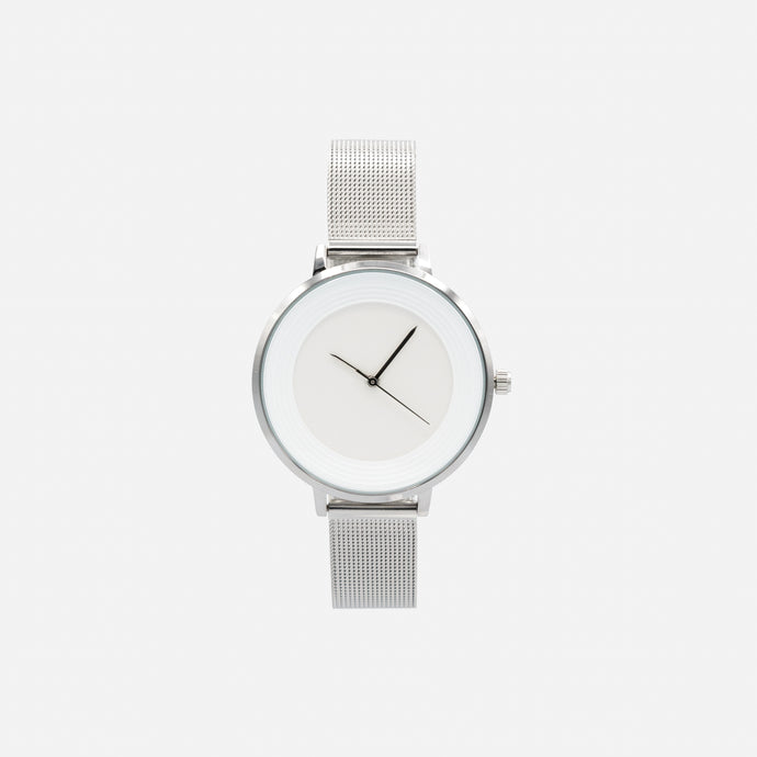 Silver-tone stainless steel round case white dial watch