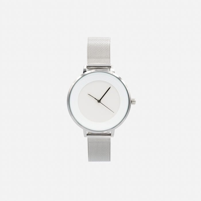 Silver-tone stainless steel round case white dial watch