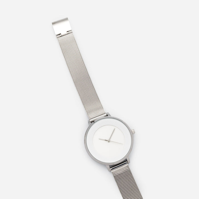 Silver-tone stainless steel round case white dial watch