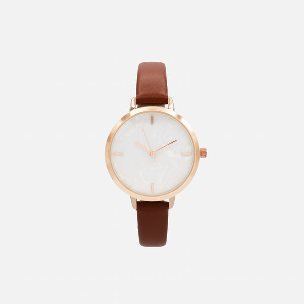 Load image into Gallery viewer, Brown faux leather watch with round rose gold case and white mother-of-pearl dial
