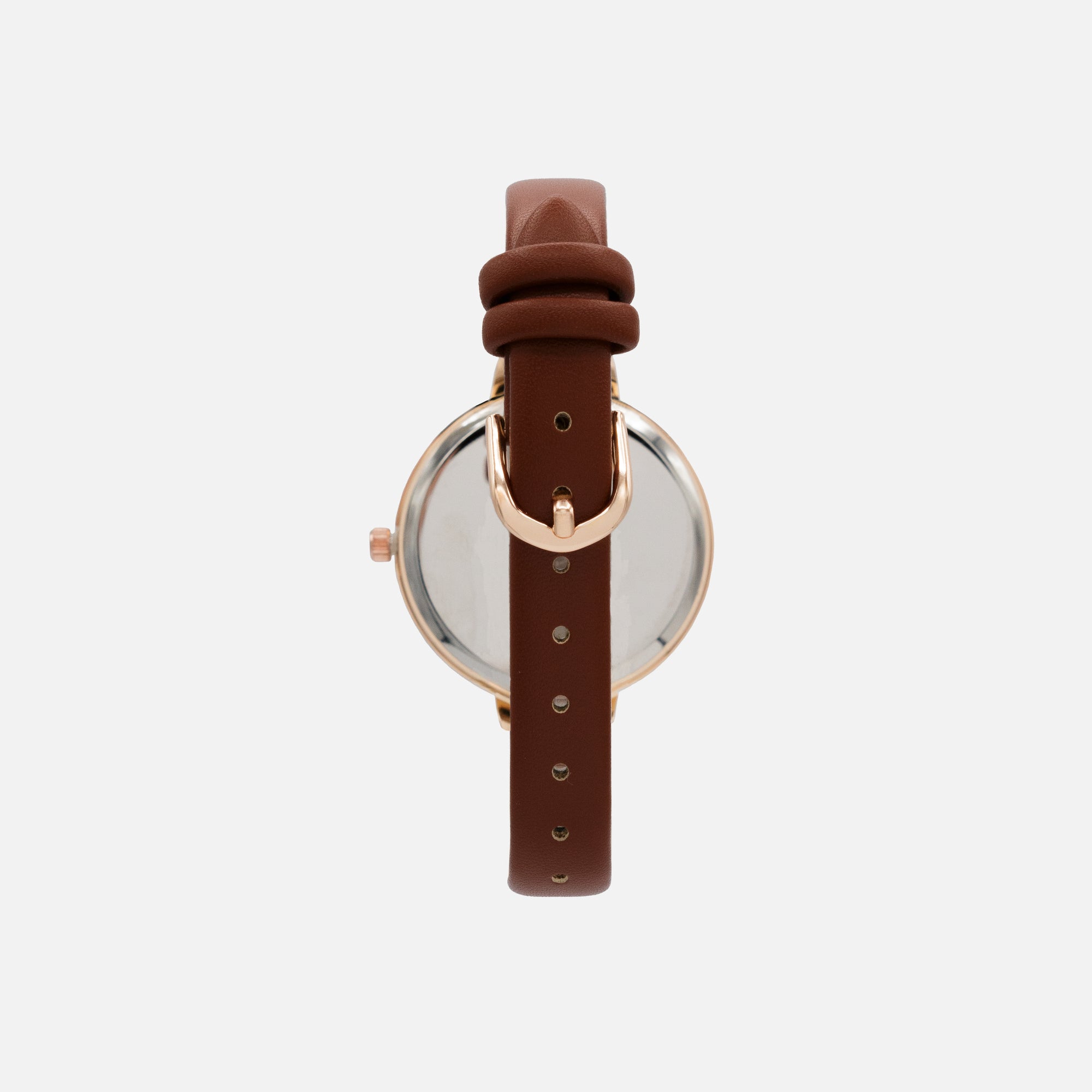 Brown faux leather watch with round rose gold case and white mother-of-pearl dial