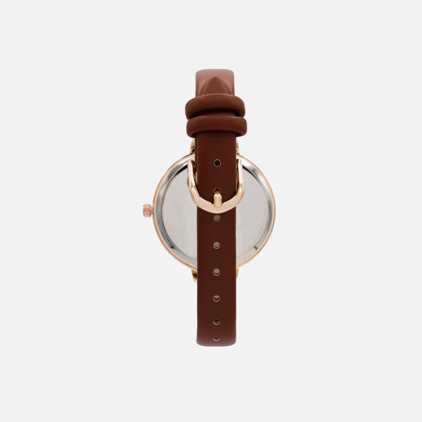 Load image into Gallery viewer, Brown faux leather watch with round rose gold case and white mother-of-pearl dial
