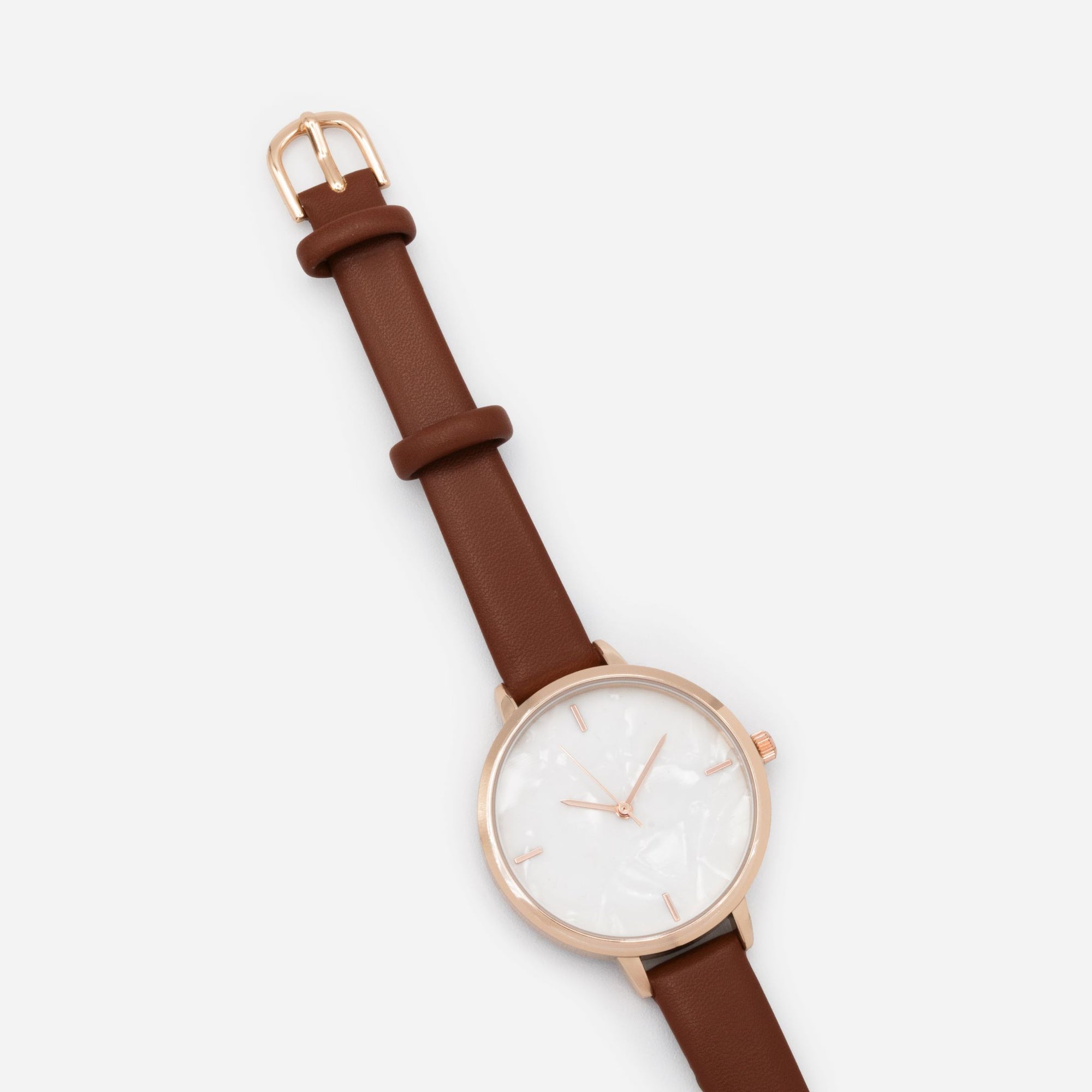 Brown faux leather watch with round rose gold case and white mother-of-pearl dial