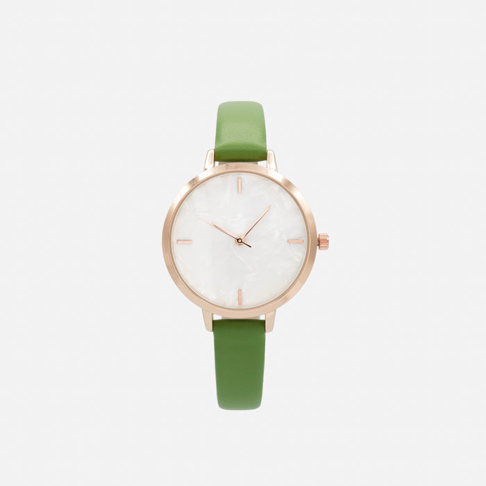 Green faux leather watch with round rose gold case and mother-of-pearl white dial