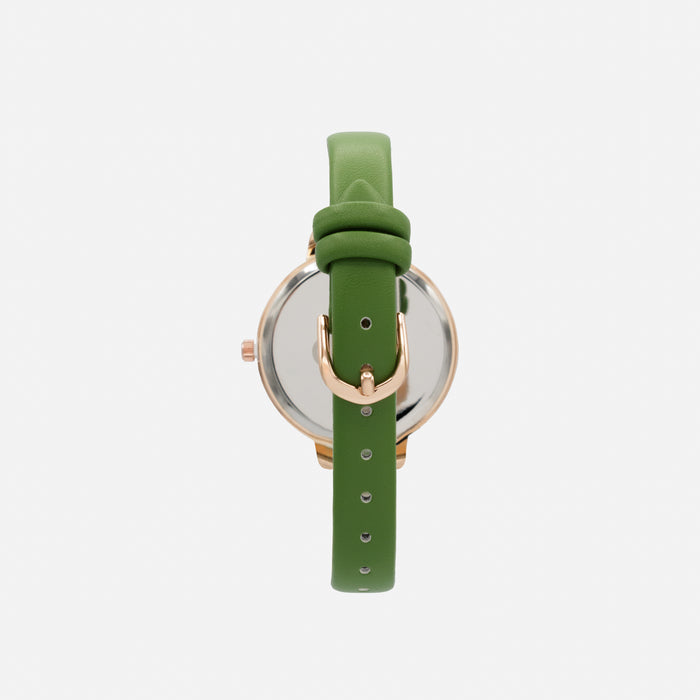 Green faux leather watch with round rose gold case and mother-of-pearl white dial